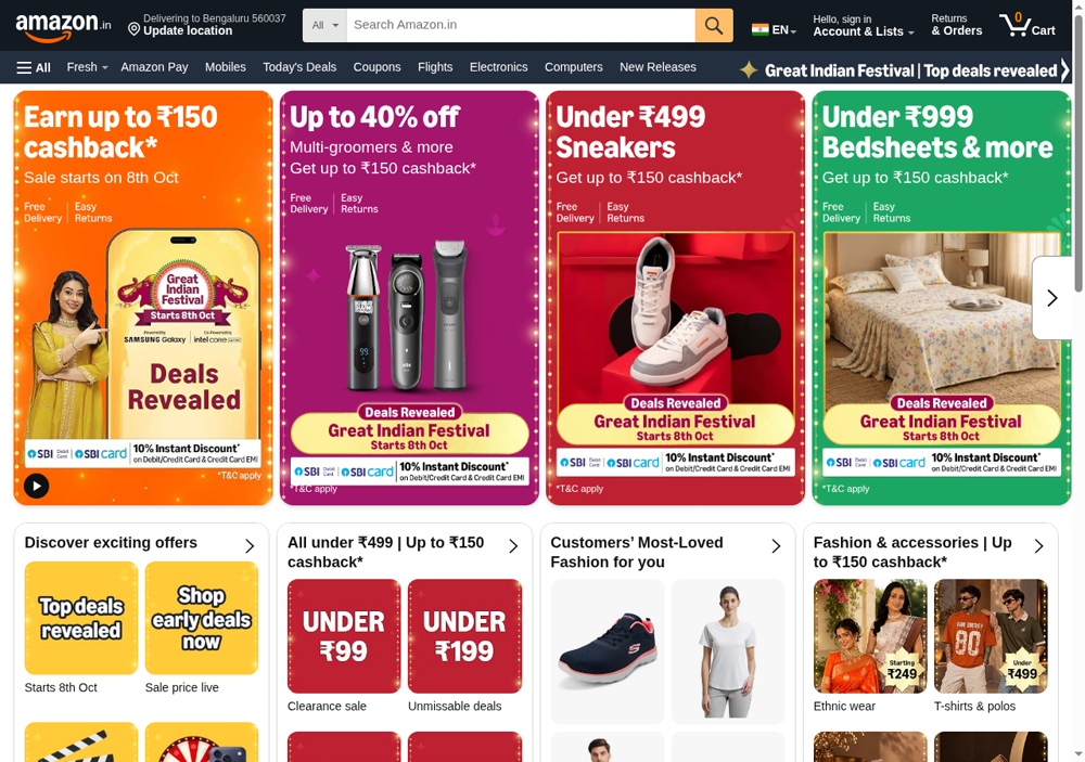 Amazon India homepage localized to the browser's own city.