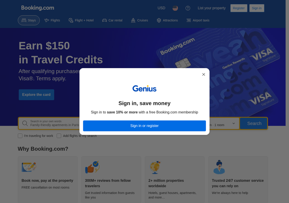Booking.com homepage with the visitor's own region and currency.