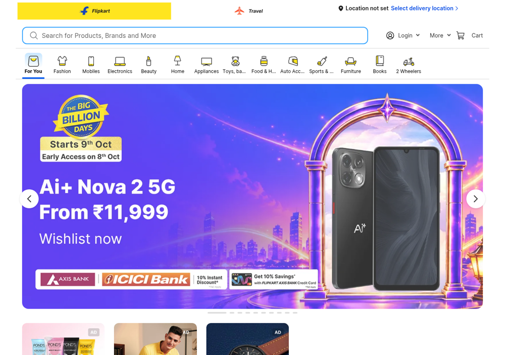 Flipkart homepage rendered with local pricing.