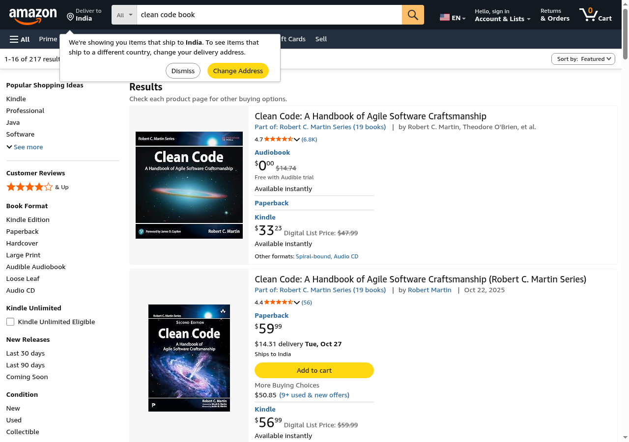 Amazon search results with prices, loaded in a browser running on a Raspberry Pi.